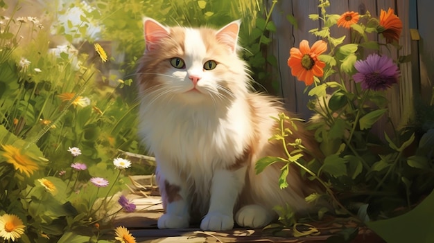 Beautiful flower garden and sitting cat images Generative AI