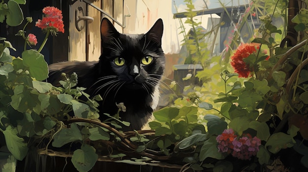 Beautiful flower garden and sitting cat images Generative AI