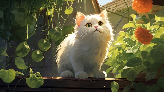 Beautiful flower garden and sitting cat images Generative AI