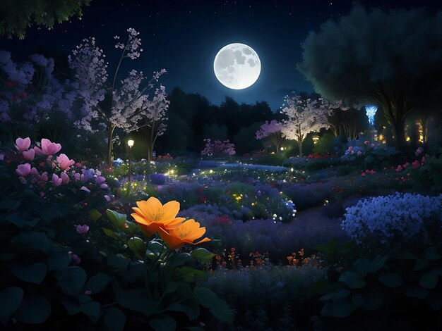 beautiful flower garden with moon magical light