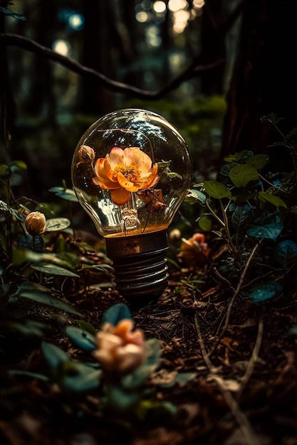 A beautiful flower growing inside a broken light bulb on the forest ground Generative AI