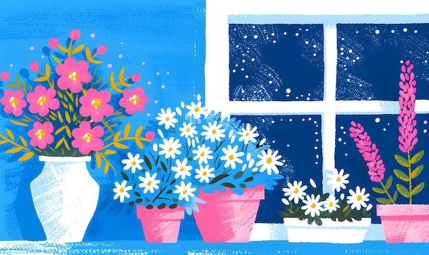 Photo beautiful flower shop illustration in pink and blue point colors