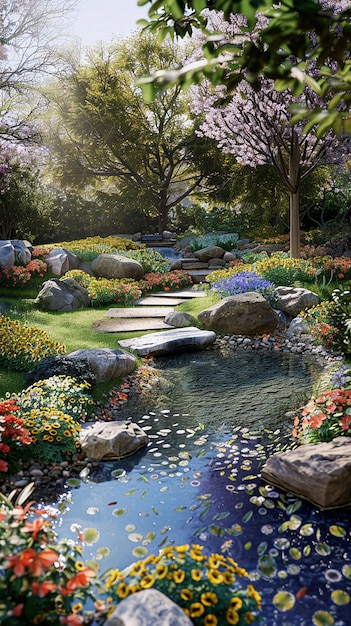 Beautiful Flowering Garden with a Meandering Path