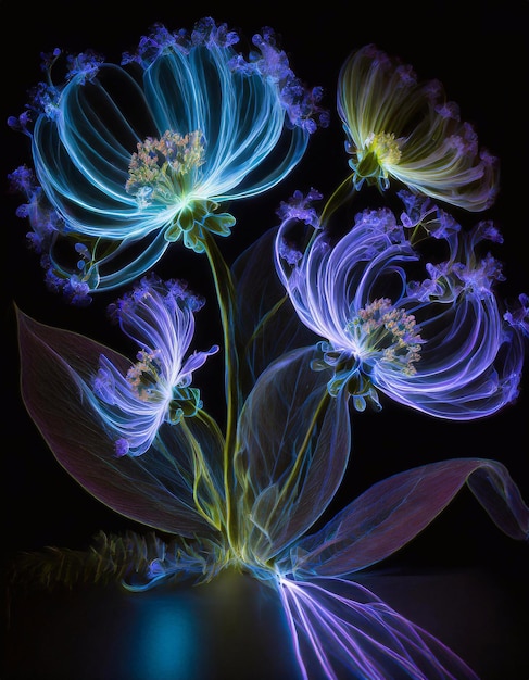 Photo beautiful flowers on black background fantasy fractal design psychedelic digital art