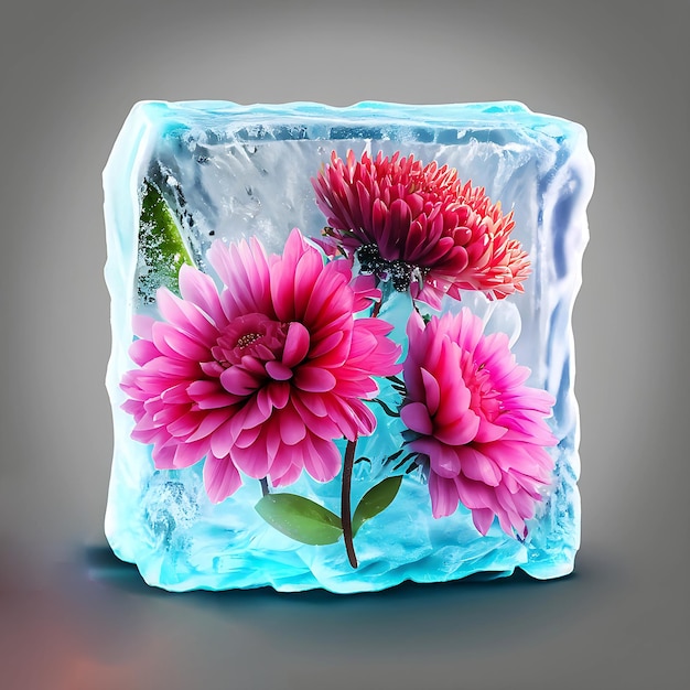 Beautiful flowers and a blob object is frozen in a block of ice isolated on warmgrey background