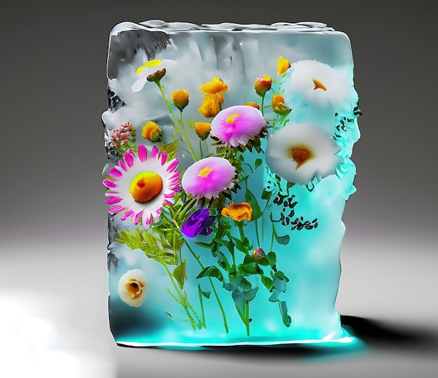 Beautiful flowers and a blob object is frozen in a block of ice isolated on warmgrey background