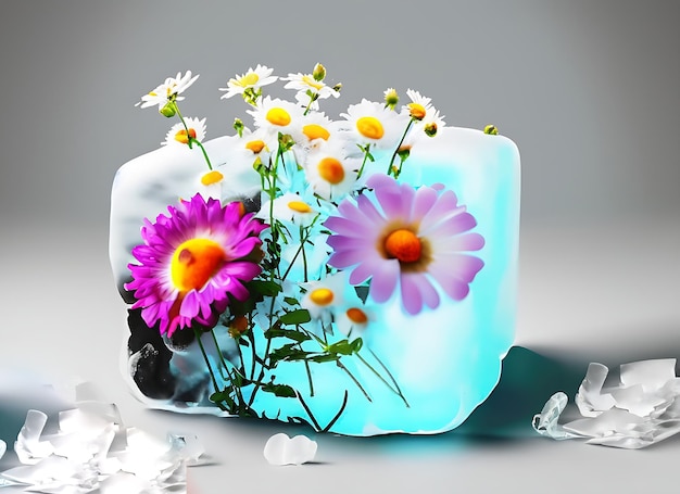 Beautiful flowers and a blob object is frozen in a block of ice isolated on warmgrey background