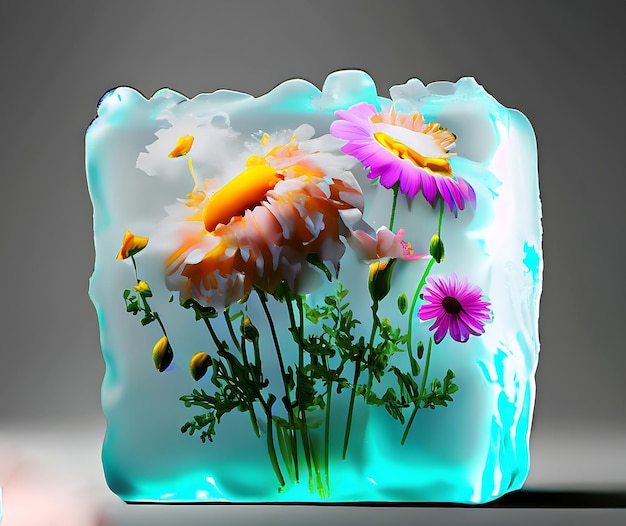 Beautiful flowers and a blob object is frozen in a block of ice isolated on warmgrey background