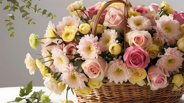 Beautiful flowers bouquet with roses and chrysanthemum in basket on white background