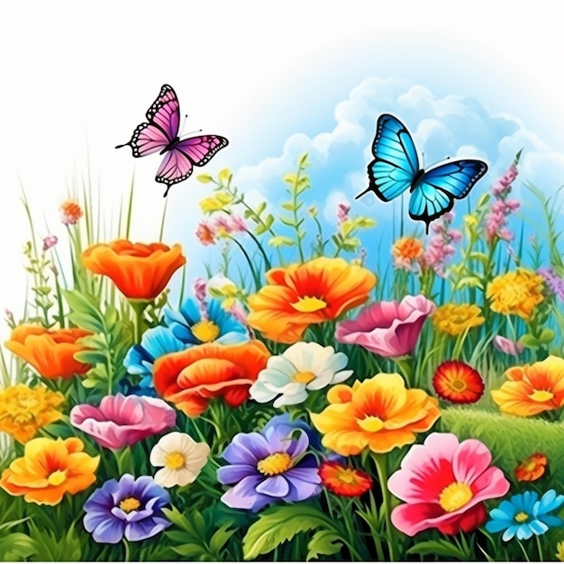 Beautiful flowers butterflies wall decor living room picture AI Generated art