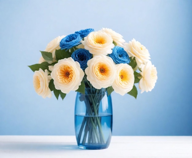 beautiful flowers of cream and blue colors in a glass vase