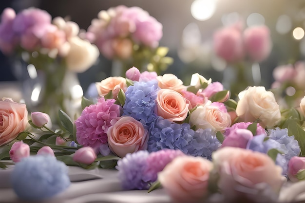 Beautiful flowers decorated on the table Tables are set for a party or wedding reception