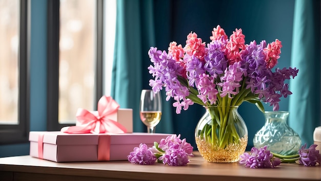 Beautiful flowers gift box on the table card