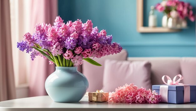 Beautiful flowers gift box on the table card