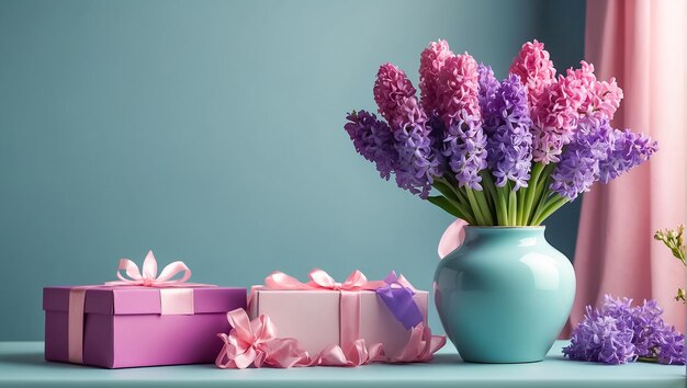 Beautiful flowers gift box on the table card