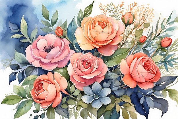 Beautiful flowers image with nice watercolor roses and leaves on white background