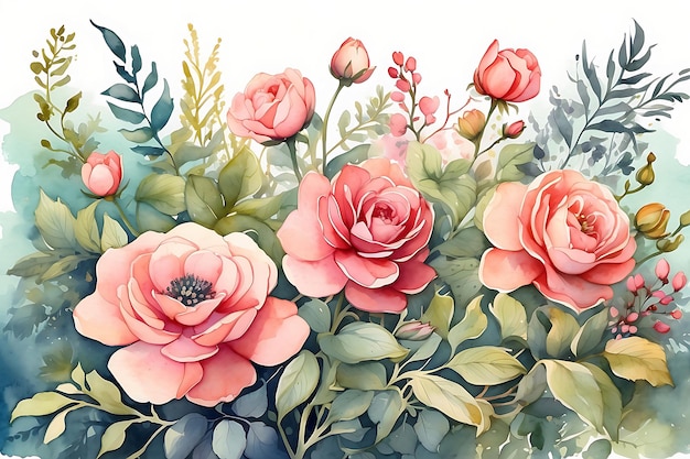 Beautiful flowers image with nice watercolor roses and leaves on white background