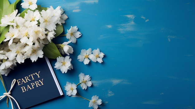 Beautiful flowers stationery and notebook with the words HAPPY TEACHER'S DAY on a Blu background