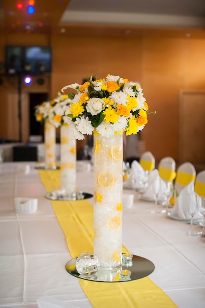 Beautiful flowers on table in wedding day