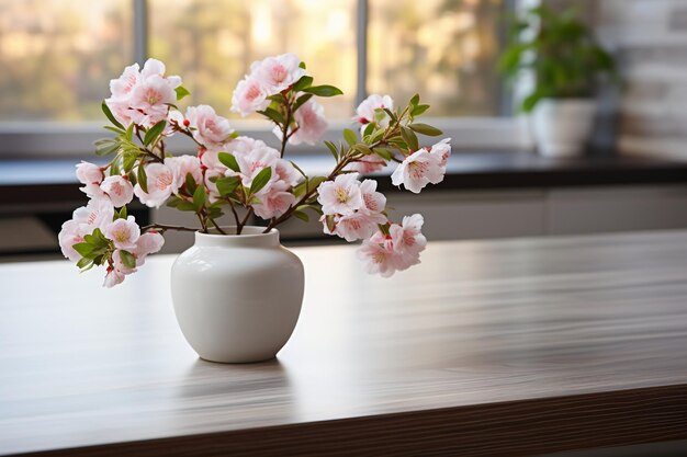 Beautiful flowers in vase on table in kitchen Interior design AI generative