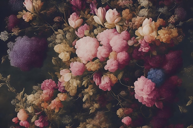 Beautiful flowers in vintage style with leaves closeup as a background