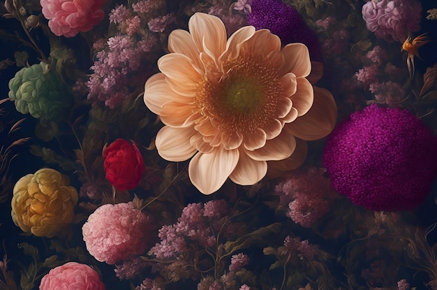 Beautiful flowers in vintage style with leaves closeup as a background