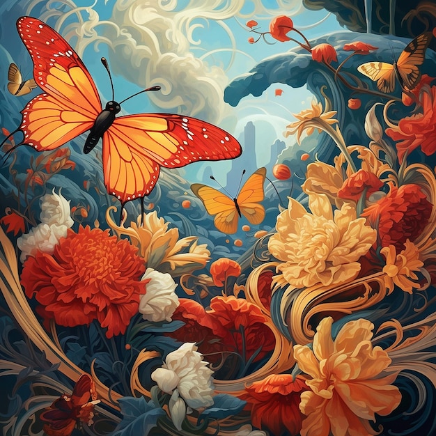 Beautiful flowers with butterfly bright design images Generative AI