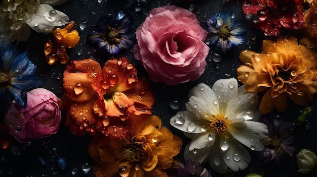 Beautiful flowers with drops of water dark moody romantic background Ai generated