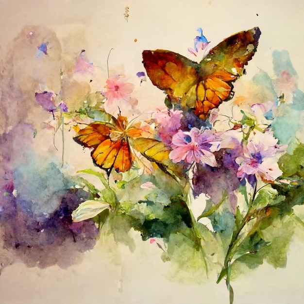 Beautiful flowers with leaves buds blossoming flowers and butterflies Watercolor illustration of garden flowers