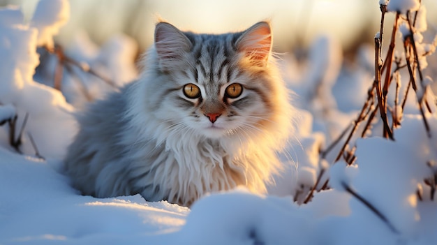 beautiful fluffy cat in winter in the park