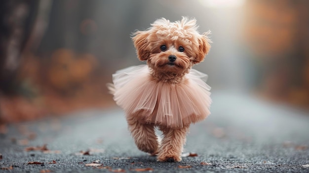 A beautiful fluffy dog runs through the autumn forest