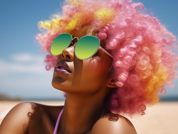 beautiful fluo curly afroamerican woman oink fluo hair green sunglasses