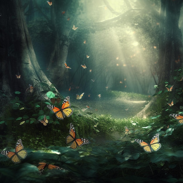 Beautiful flying butterfly forrest background images Generative AI