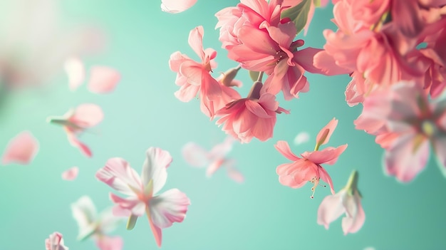 Beautiful flying flowers and pastel pink petals at light mint background creative Generative AI