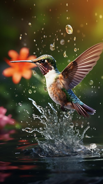 Beautiful flying hummingbird with water splash cinematic photography