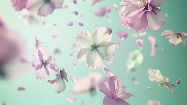 Beautiful flying pastel flowers falling and levitating against mint background Creat Generative AI