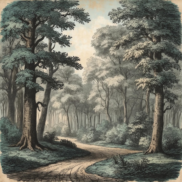 Photo beautiful forest drawing images for a tranquil atmosphere