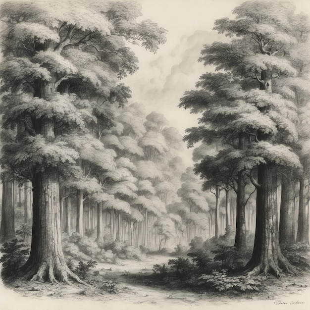 Photo beautiful forest drawing images for a tranquil atmosphere