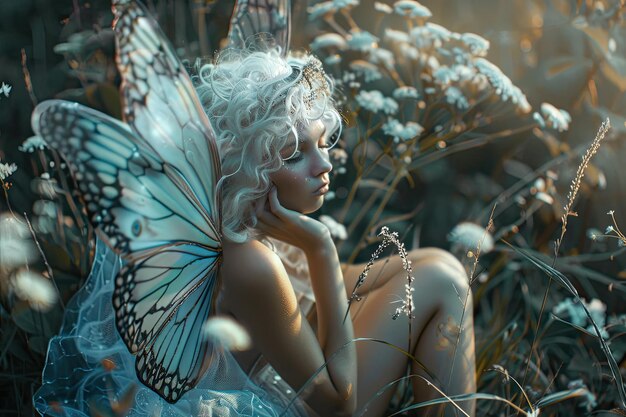 Beautiful forest nymph with thick white hair and butterfly wings closes eyes listening to nature s b