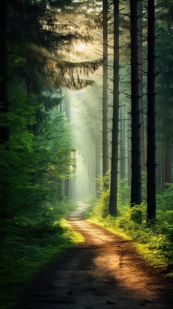 Beautiful forest panorama with bright sun shining through the trees