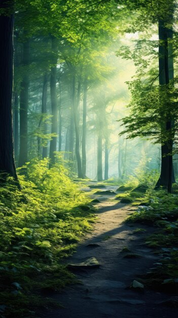 Beautiful forest panorama with bright sun shining through the trees