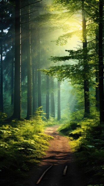 Beautiful forest panorama with bright sun shining through the trees