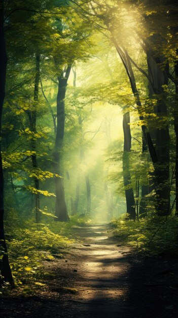 Beautiful forest panorama with bright sun shining through the trees