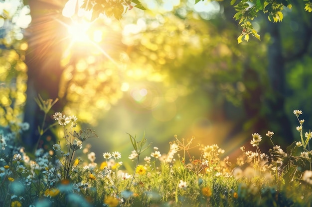 Beautiful Forest in Spring with Bright Sun Shining Through the Trees