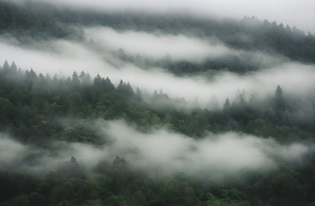 Photo beautiful forest with a lot of green trees enveloped in fog