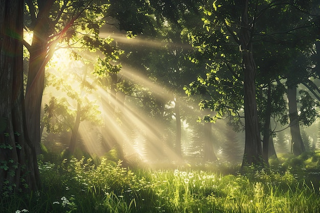 A beautiful forest with sunlight shining through the trees