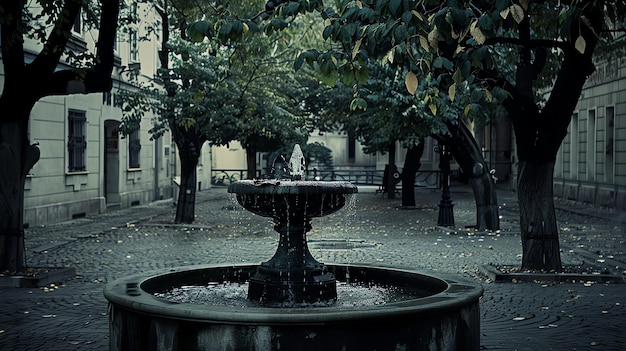 A beautiful fountain in a quiet square The fountain is surrounded by trees and buildings The water is crystal clear