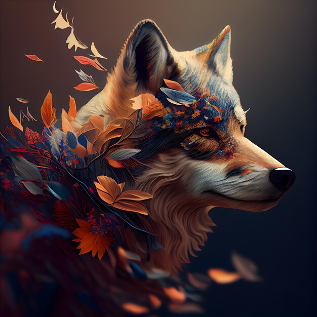 Beautiful fox with autumn leaves on a dark background Digital painting