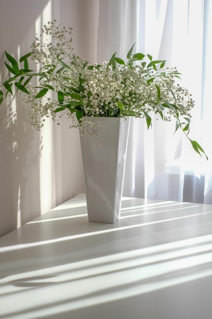 Beautiful fragile delicate flowers gypsophila with soft green leaves Copy space