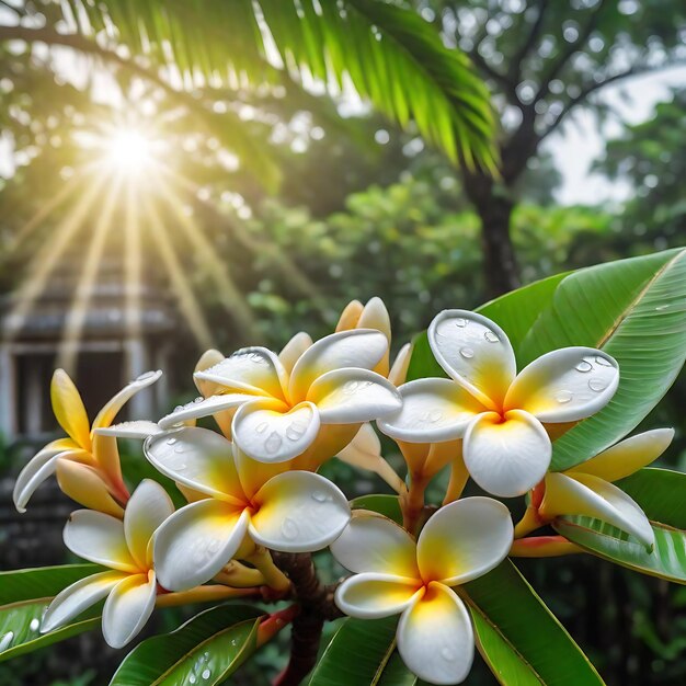 Beautiful Frangipani flowers bloss with leaves frangipani flower nature background photography